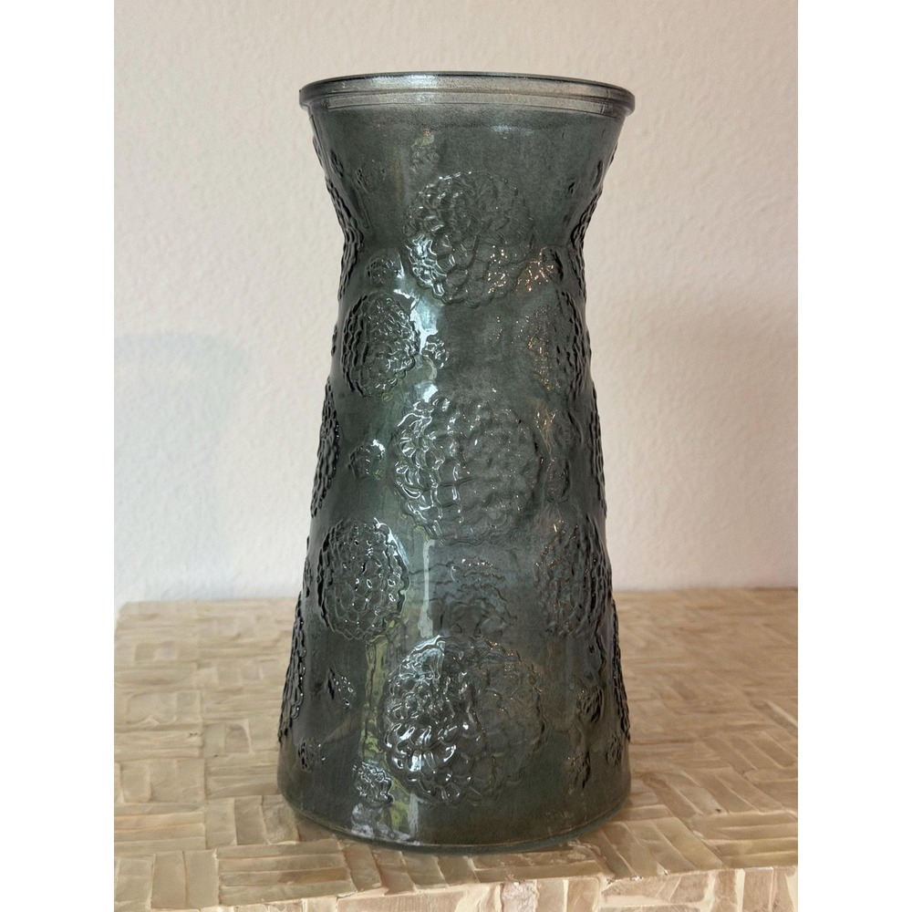 Vintage Indiana Floral Pressed Glass Smoky Grey Flower Vase 10"